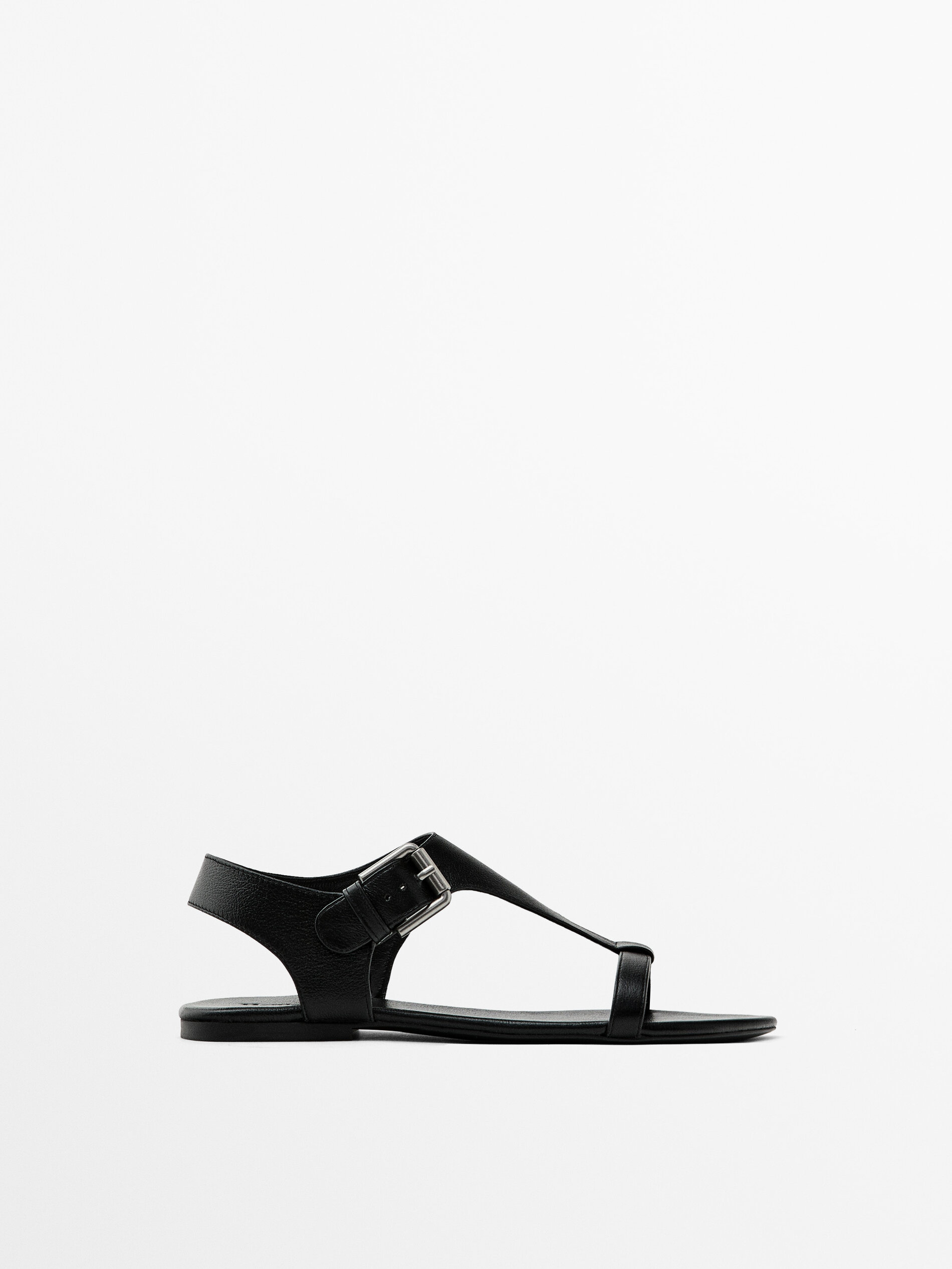 Flat leather sandals with buckle Black Flat Sandals Massimo Dutti