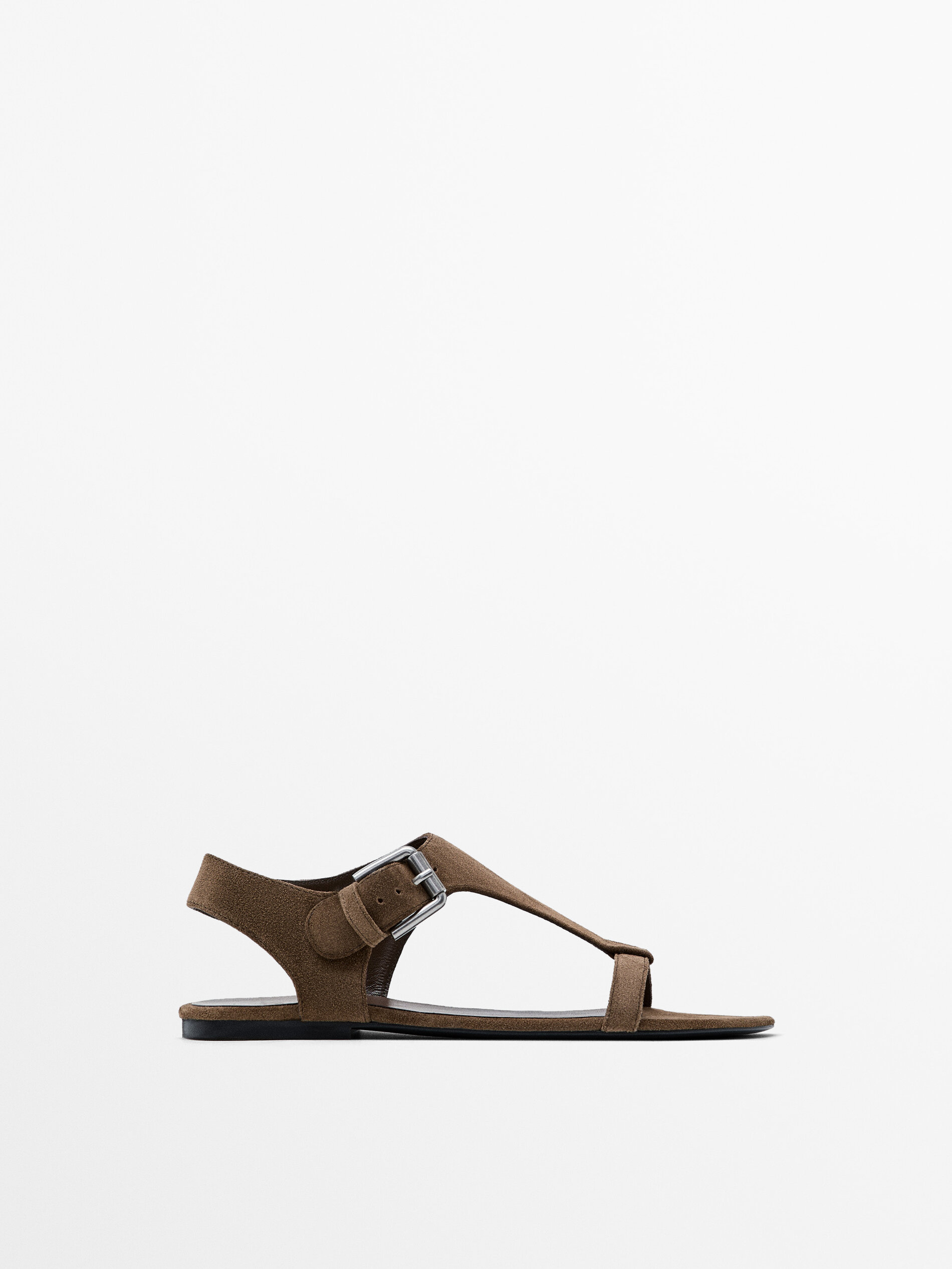 Flat split leather sandals with buckle Brown Flat Sandals Massimo Dutti