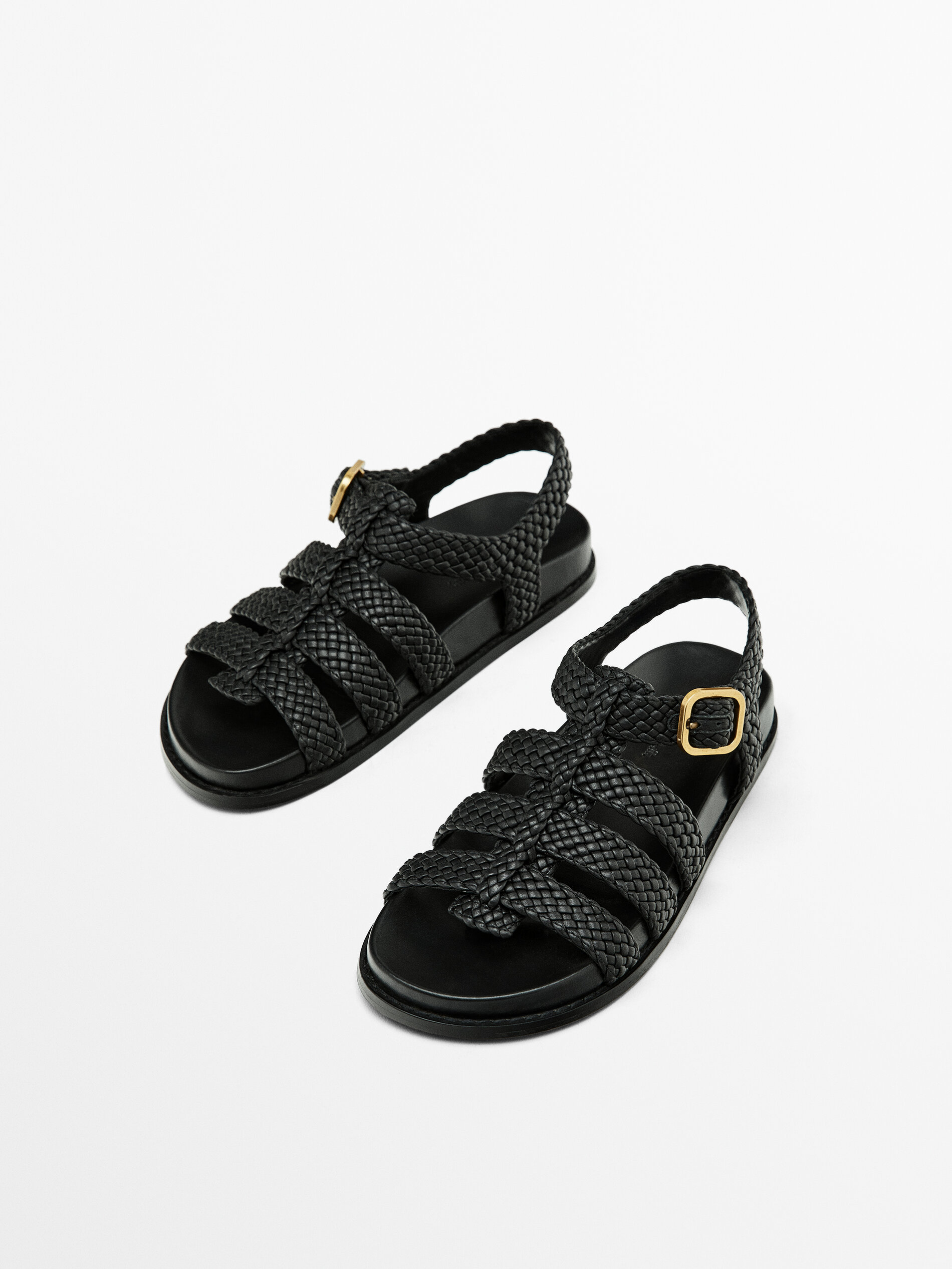 Braided sandals with buckle Black Flat Sandals Massimo Dutti