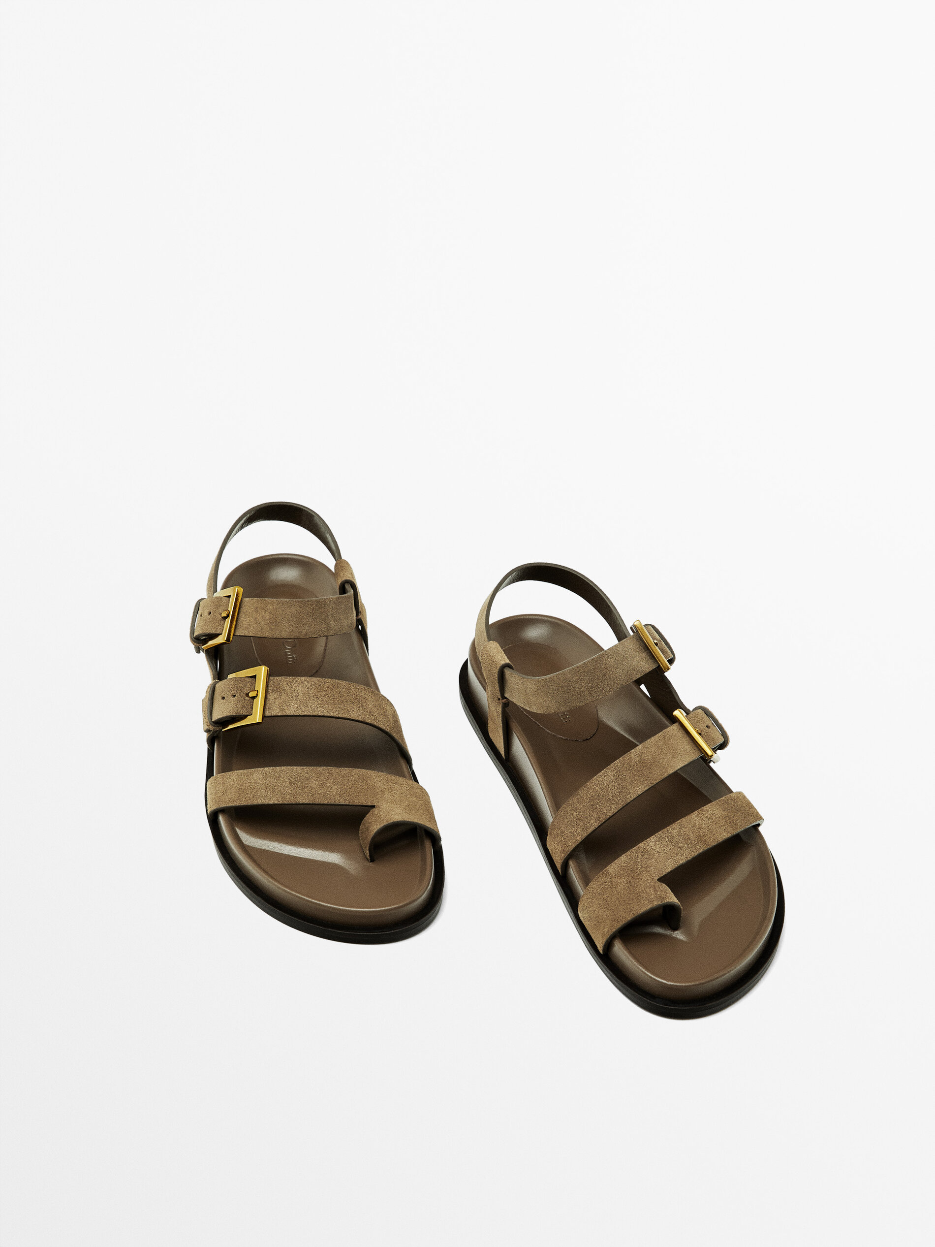 Flat sandals with buckles Taupe Brown Flat Sandals Massimo Dutti