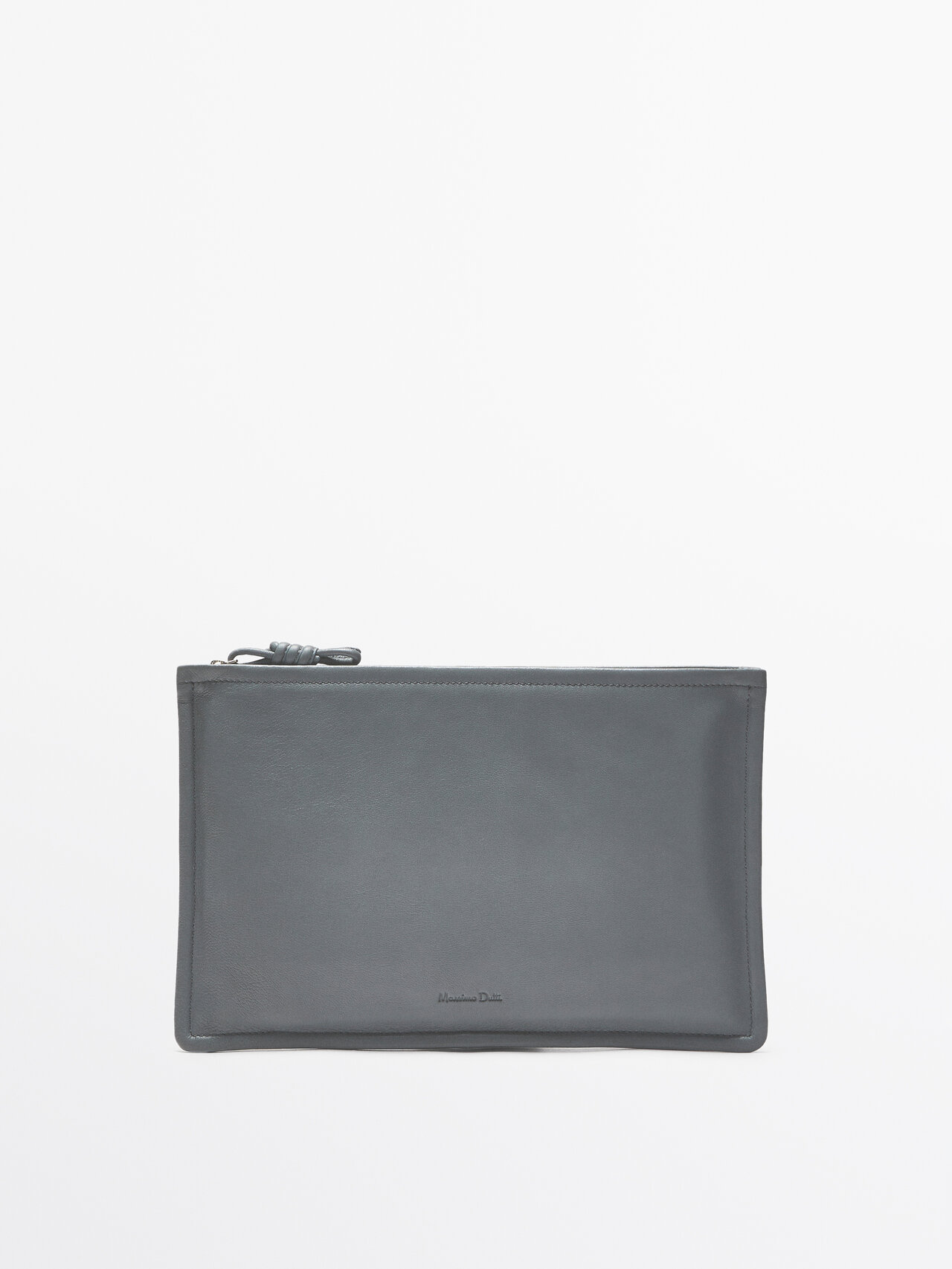 Massimo Dutti Nappa Leather Clutch With Knot Detail In Gray