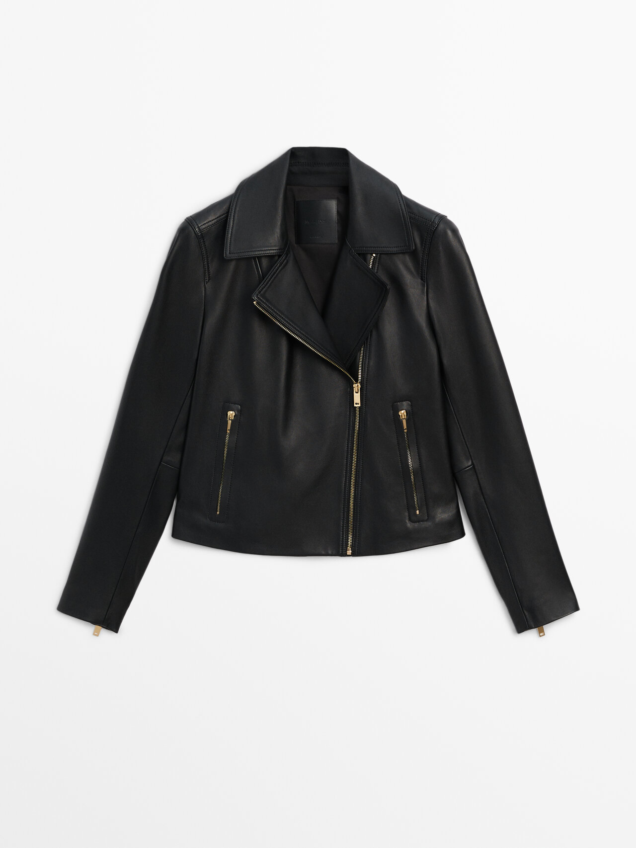 Shop Massimo Dutti Black Nappa Leather Biker Jacket