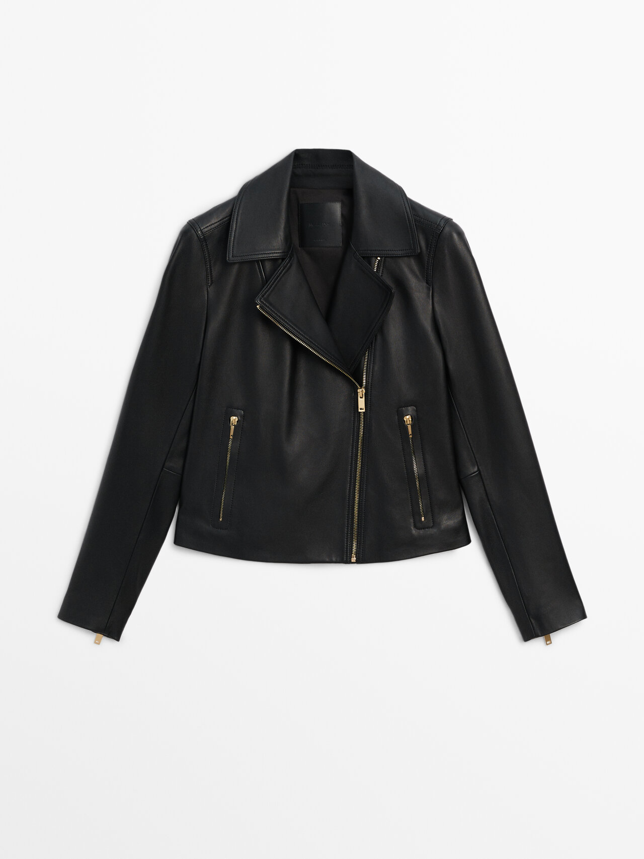 Massimo Dutti Black Nappa Leather Biker Jacket In Black