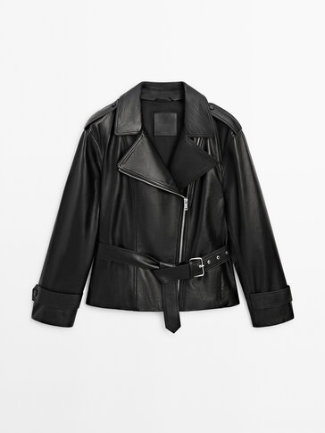 Black nappa leather biker jacket with belt