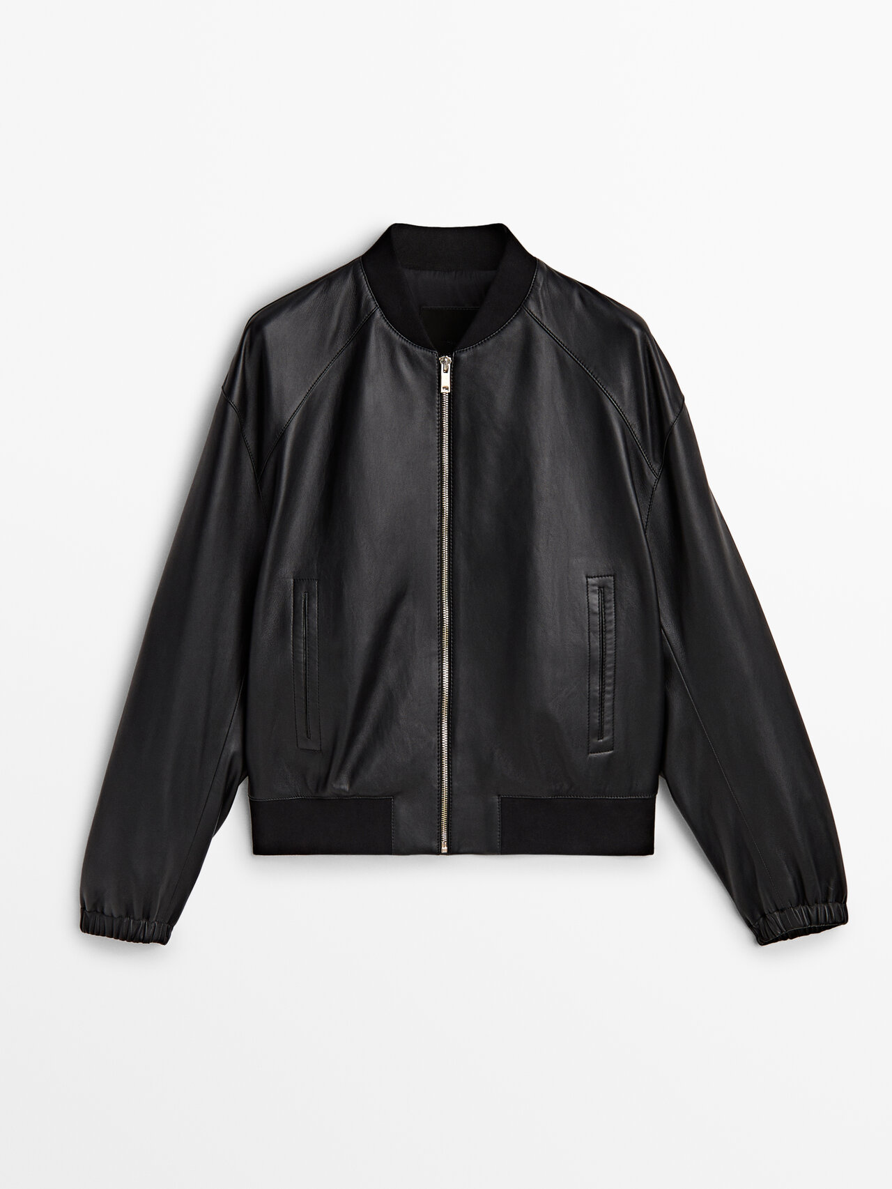 Massimo Dutti Black Nappa Leather Bomber Jacket
