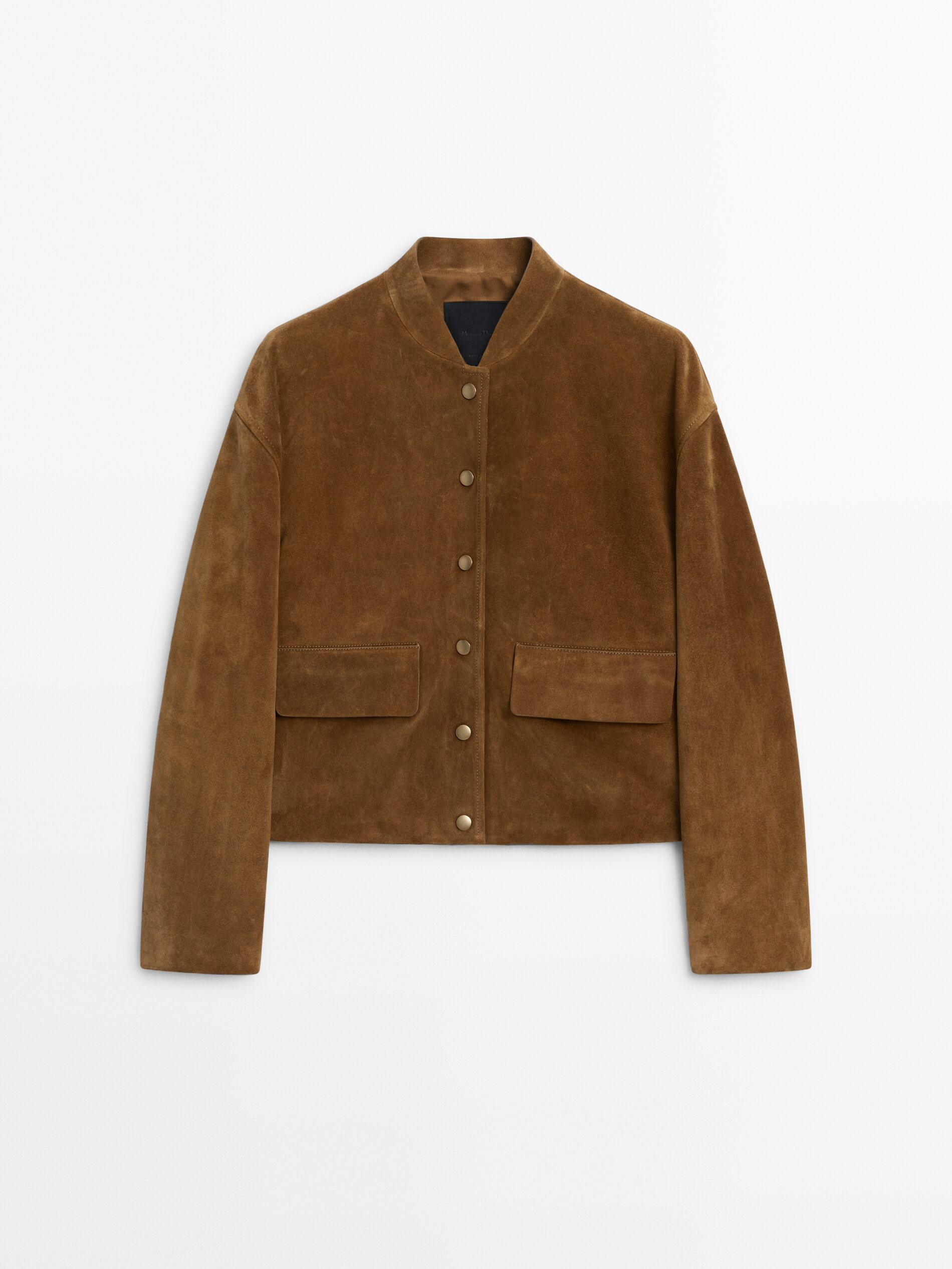 Suede leather bomber jacket with gold snap buttons · Brandy · Skirts