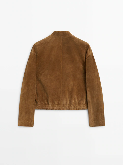 Suede leather bomber jacket with gold snap buttons · Brandy