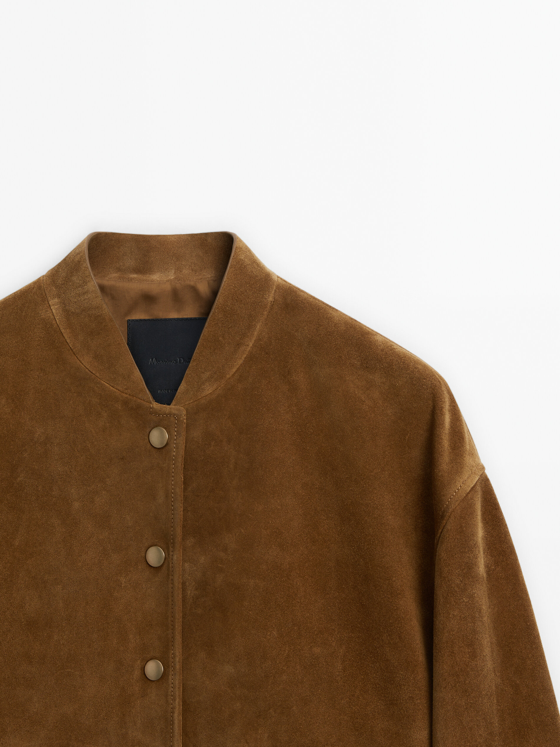 Suede leather bomber jacket with gold snap buttons · Brandy · Skirts