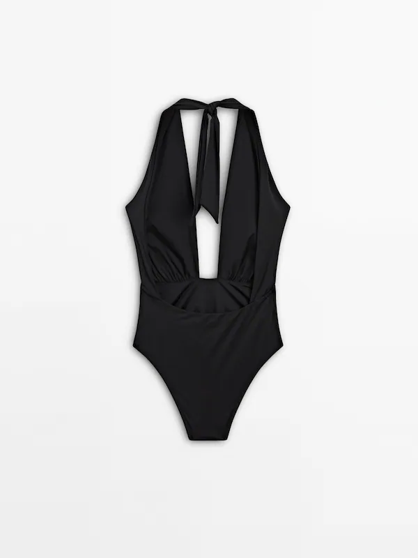 Crossover halterneck swimsuit · Black · Swimwear | Massimo Dutti