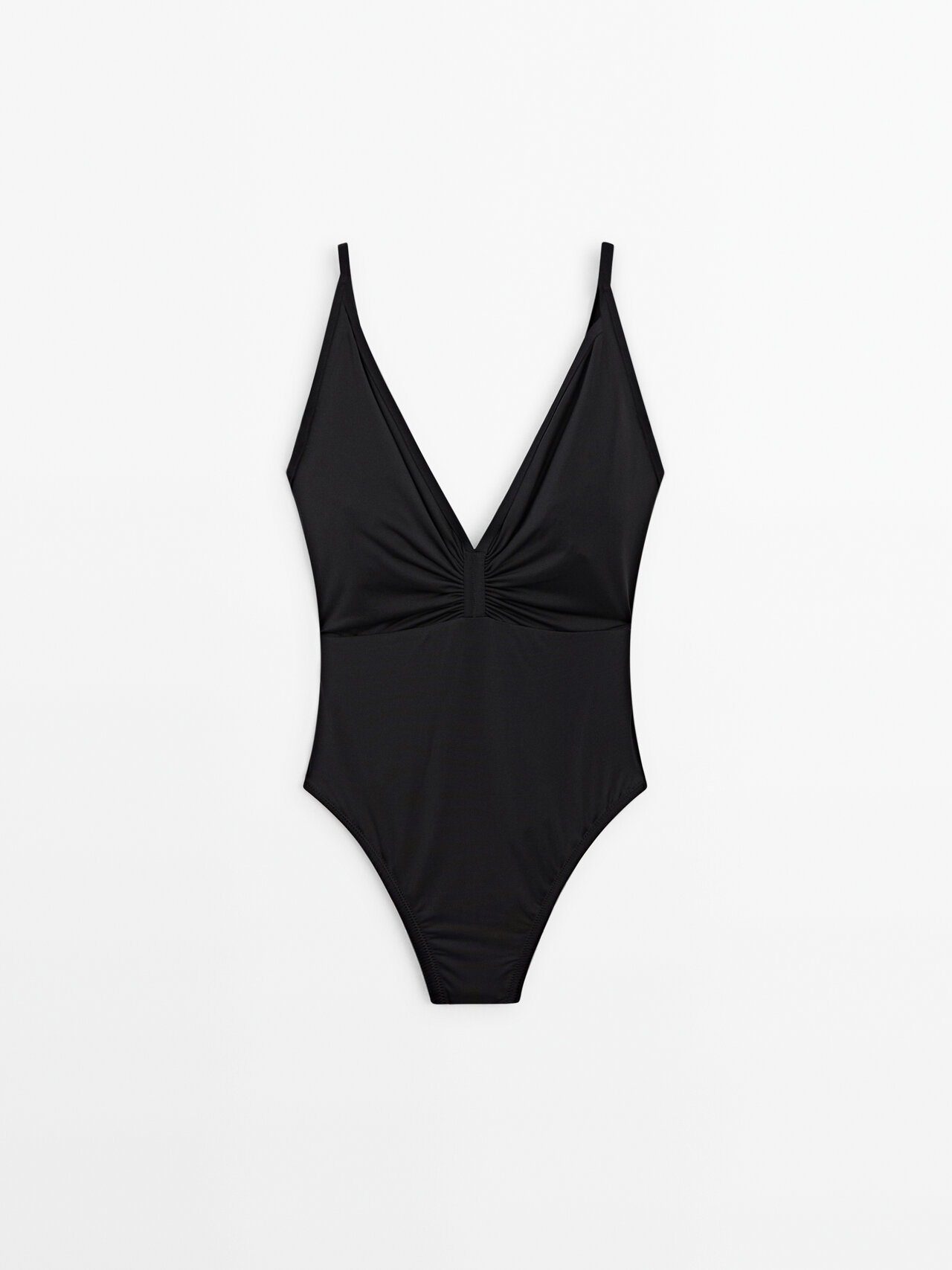 Massimo Dutti V-neck Swimsuit With Gathered Detail In Black