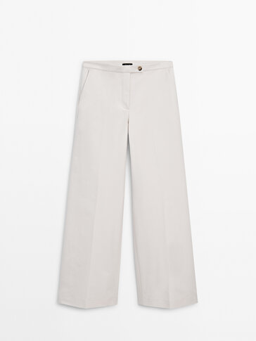 Cotton blend wide-leg trousers