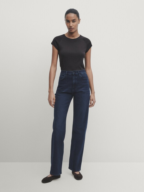 Straight fit high-waist jeans · Dark Blue · Trousers | Massimo Dutti
