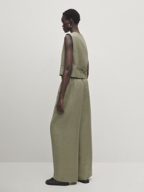 Wide-leg co-ord trousers with elasticated waistband · Pale Khaki · Dressy
