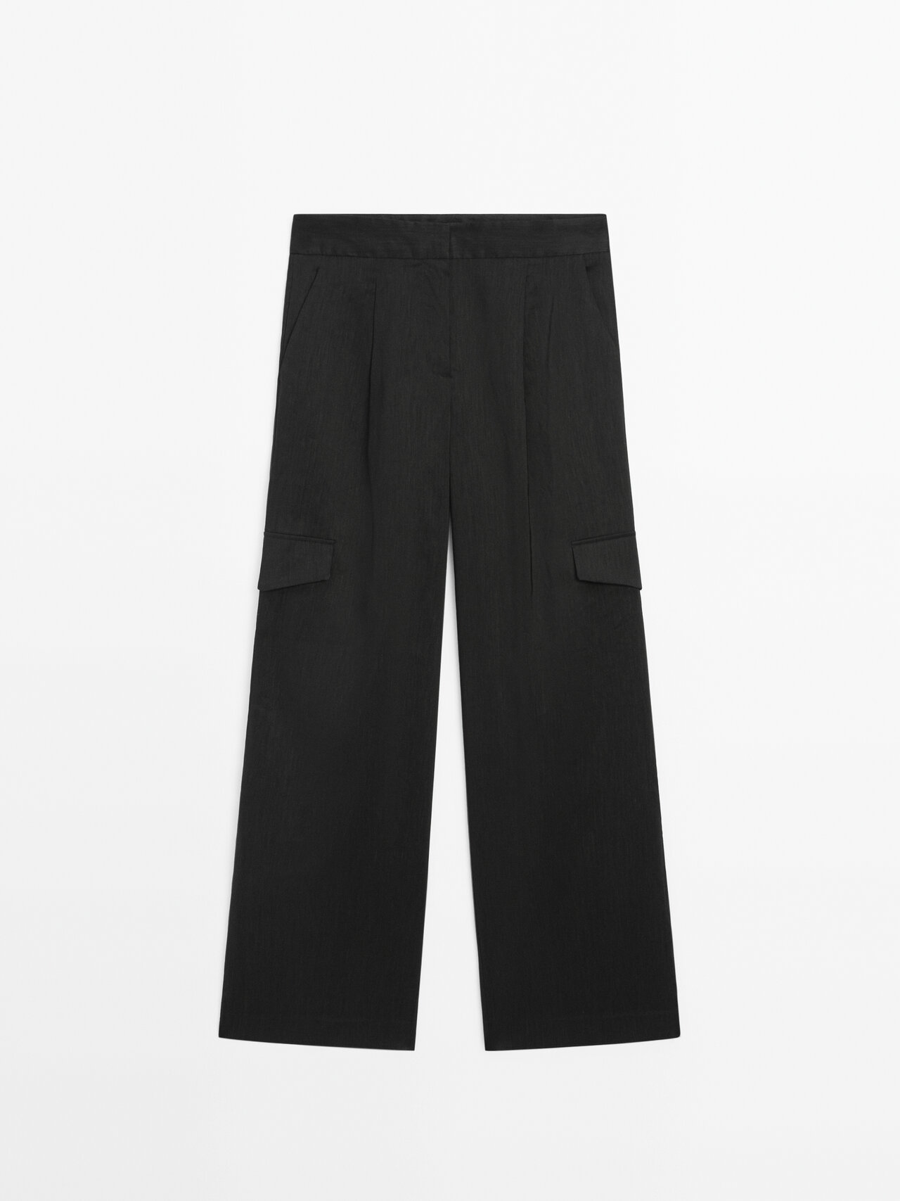 Massimo Dutti Linen Blend Cargo Trousers In Black