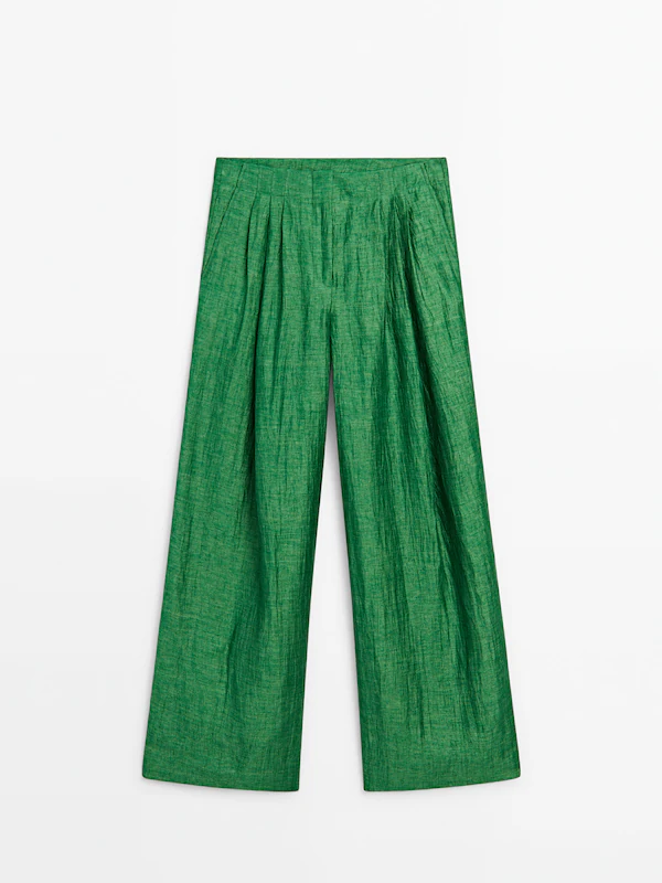 Wide-leg creased-effect trousers with darts · Green · Dressy | Massimo ...