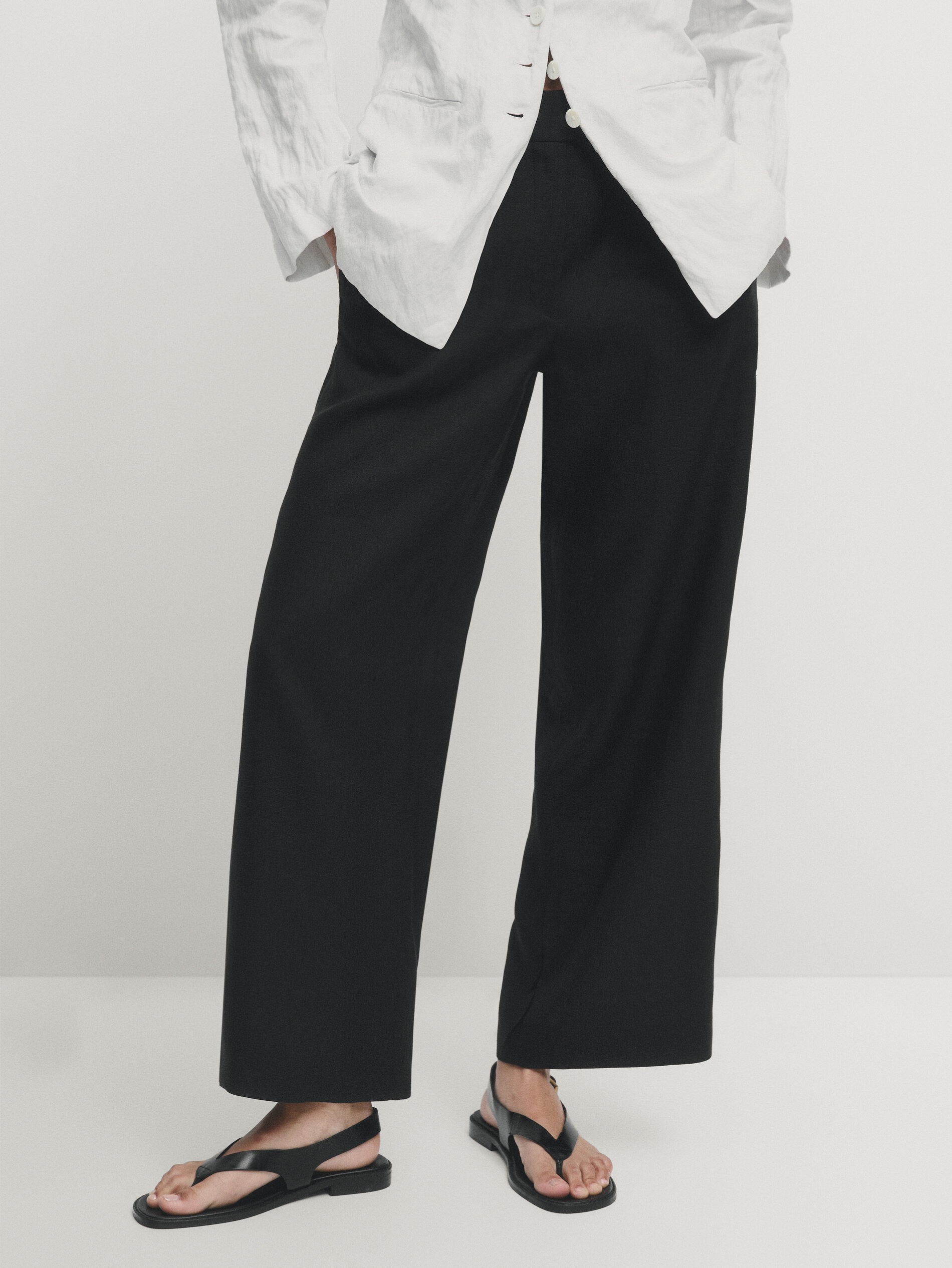 Straight-leg 100% linen trousers · Black, Sand · Dressy | Massimo Dutti