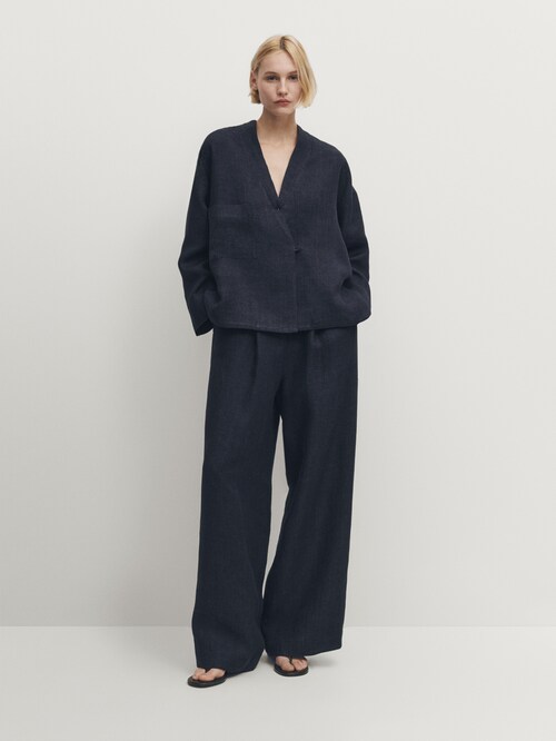 Wide-leg trousers with elasticated waistband · Navy Blue, Black