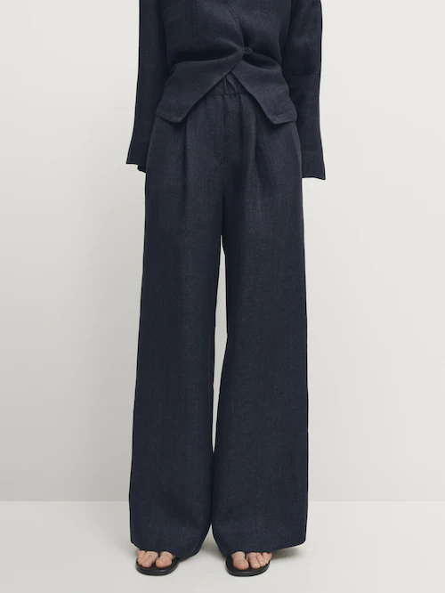 Wide-leg trousers with elasticated waistband · Navy Blue, Black