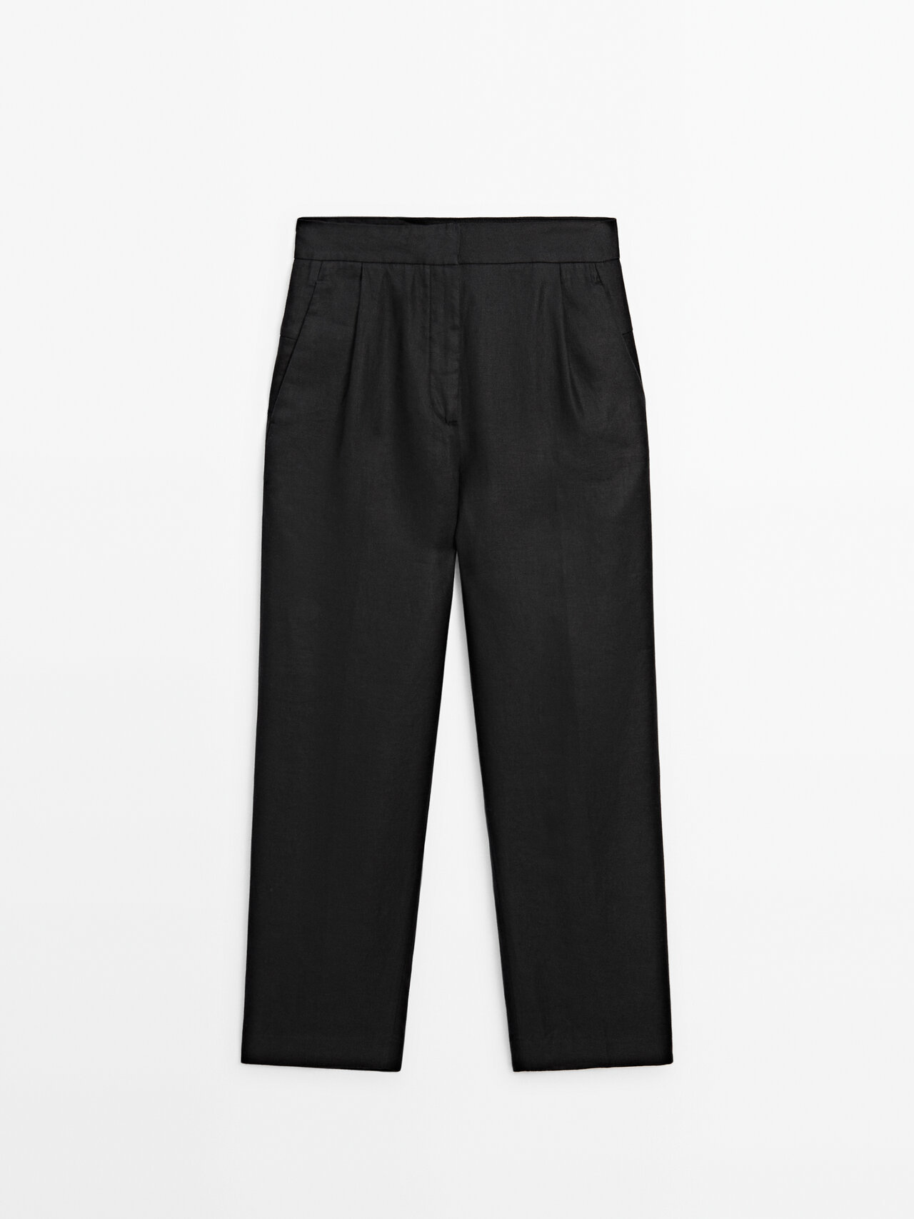Massimo Dutti Slim Fit Darted Linen Trousers In Black
