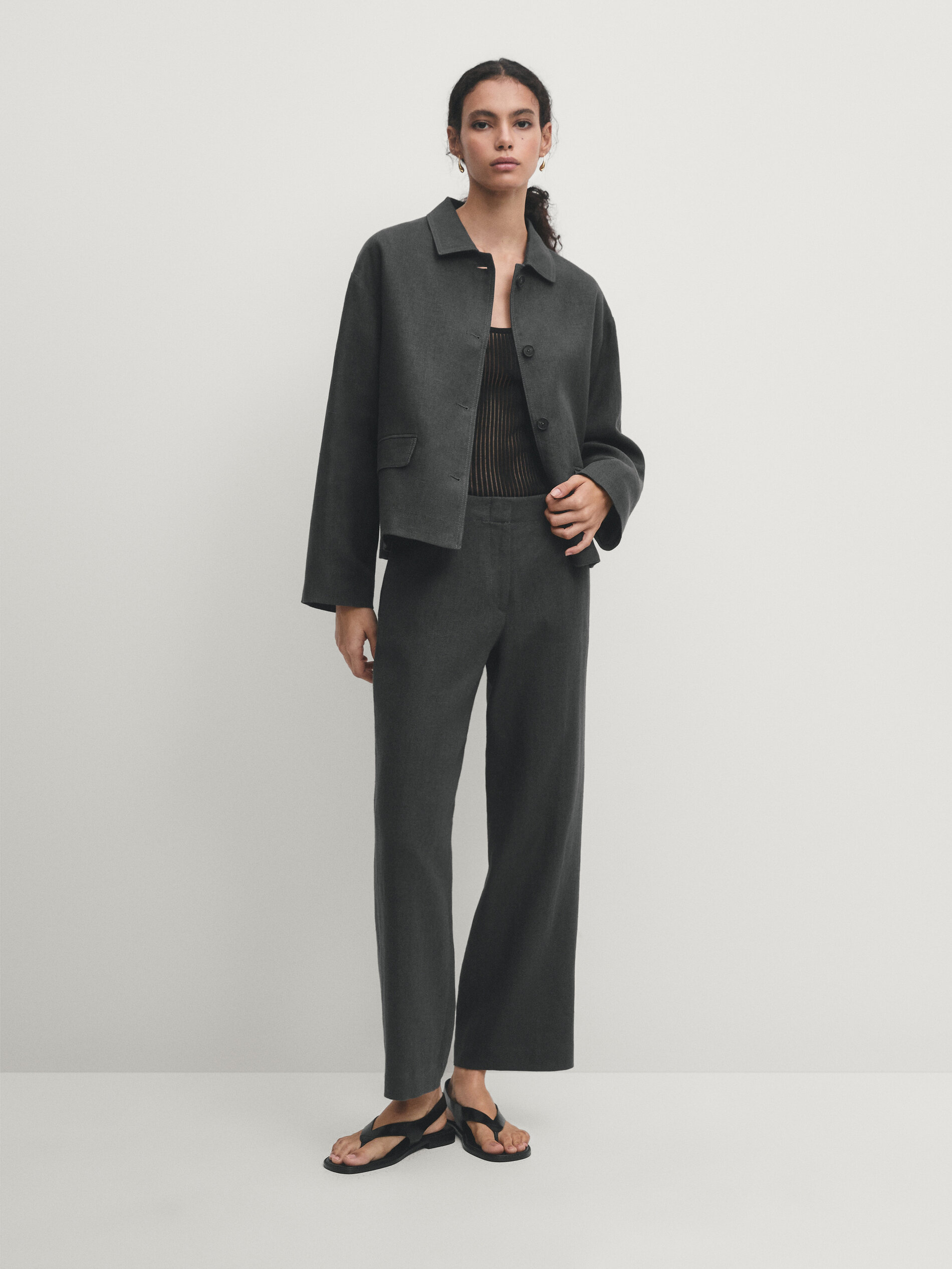 Massimo Dutti Cropped-hose Aus Reinem Leinen In Graugrün