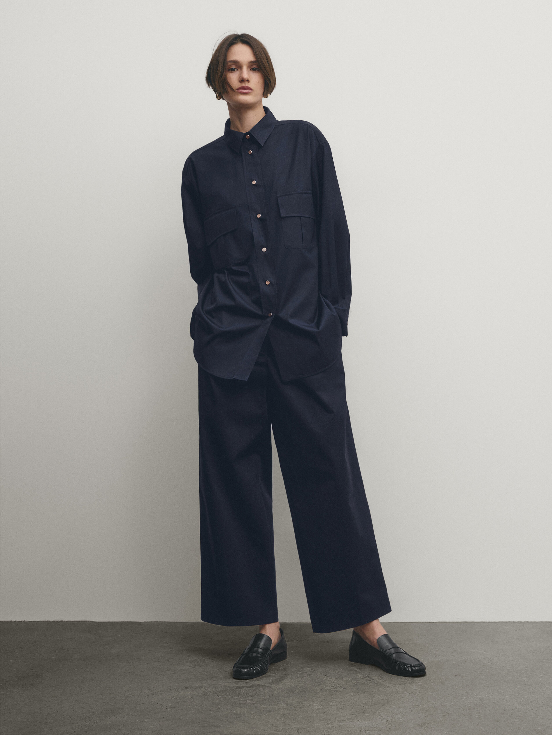 Cotton oversize blouse with utility pockets · Navy Blue · Shirts 