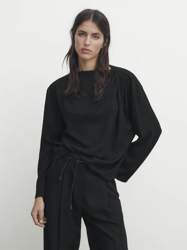 Long sleeve blouse with draped shoulder detail · Black · Shirts ...