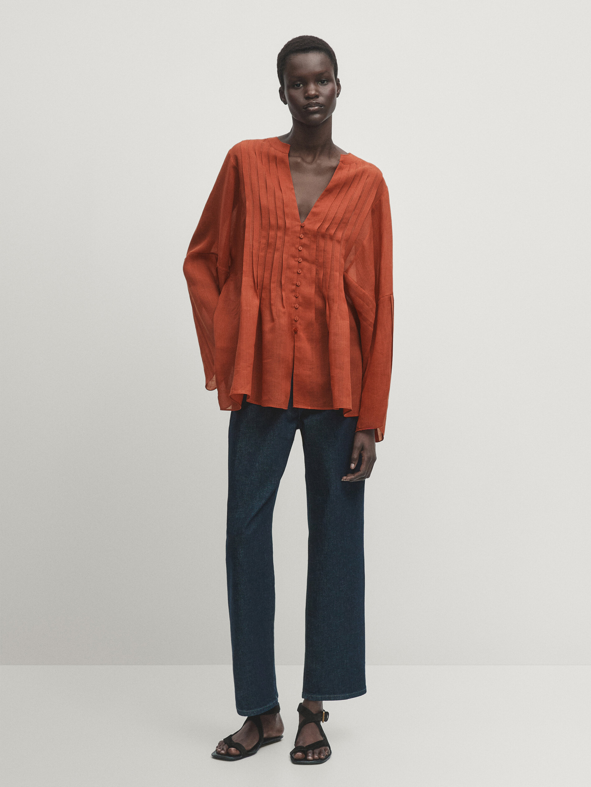 Ramie blend shirt with pleated detailing · Burnt Orange, Brown