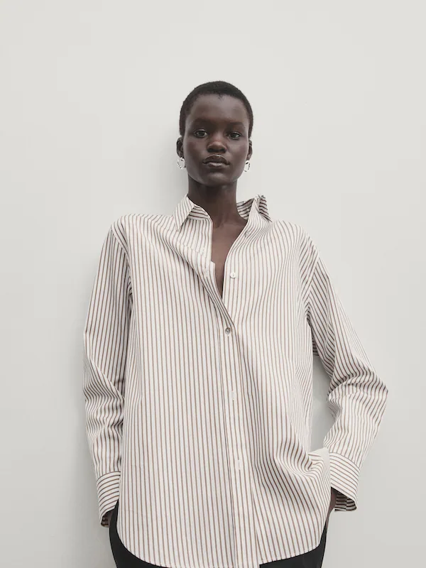 Striped poplin shirt · Beige · Shirts | Massimo Dutti