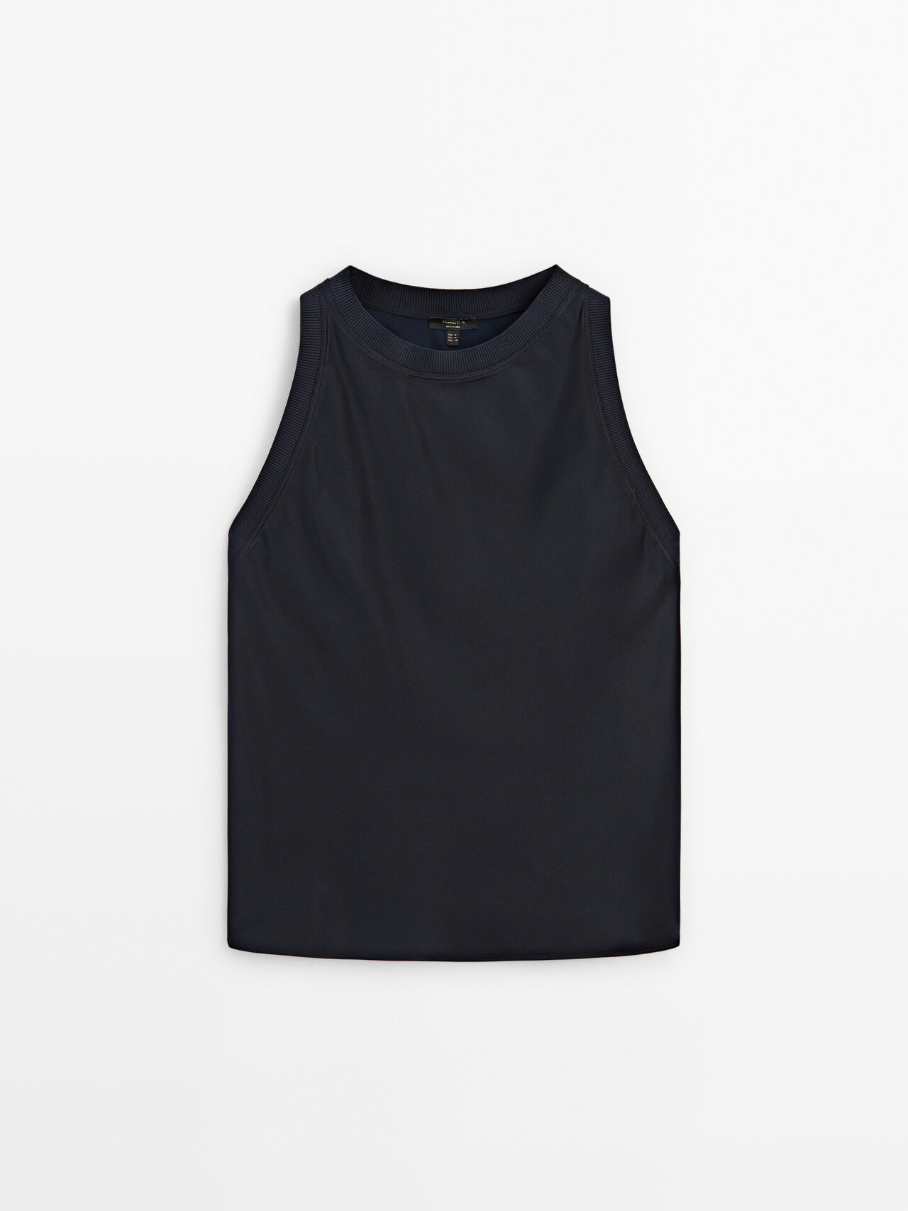 Massimo Dutti Satin Top With Ribbed Detail In Deep Blue
