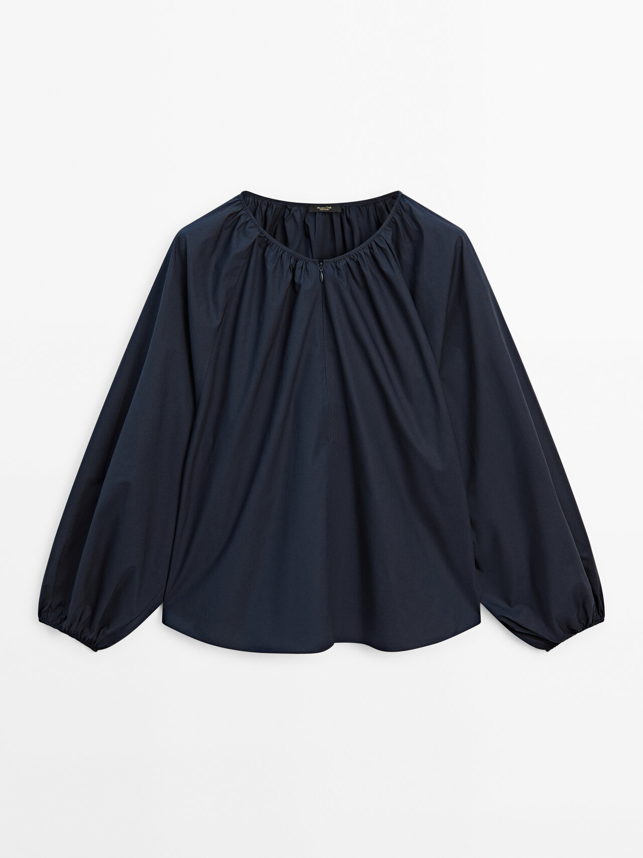Massimo Dutti Poplin Shirt With Puff Sleeves In Navy Blue