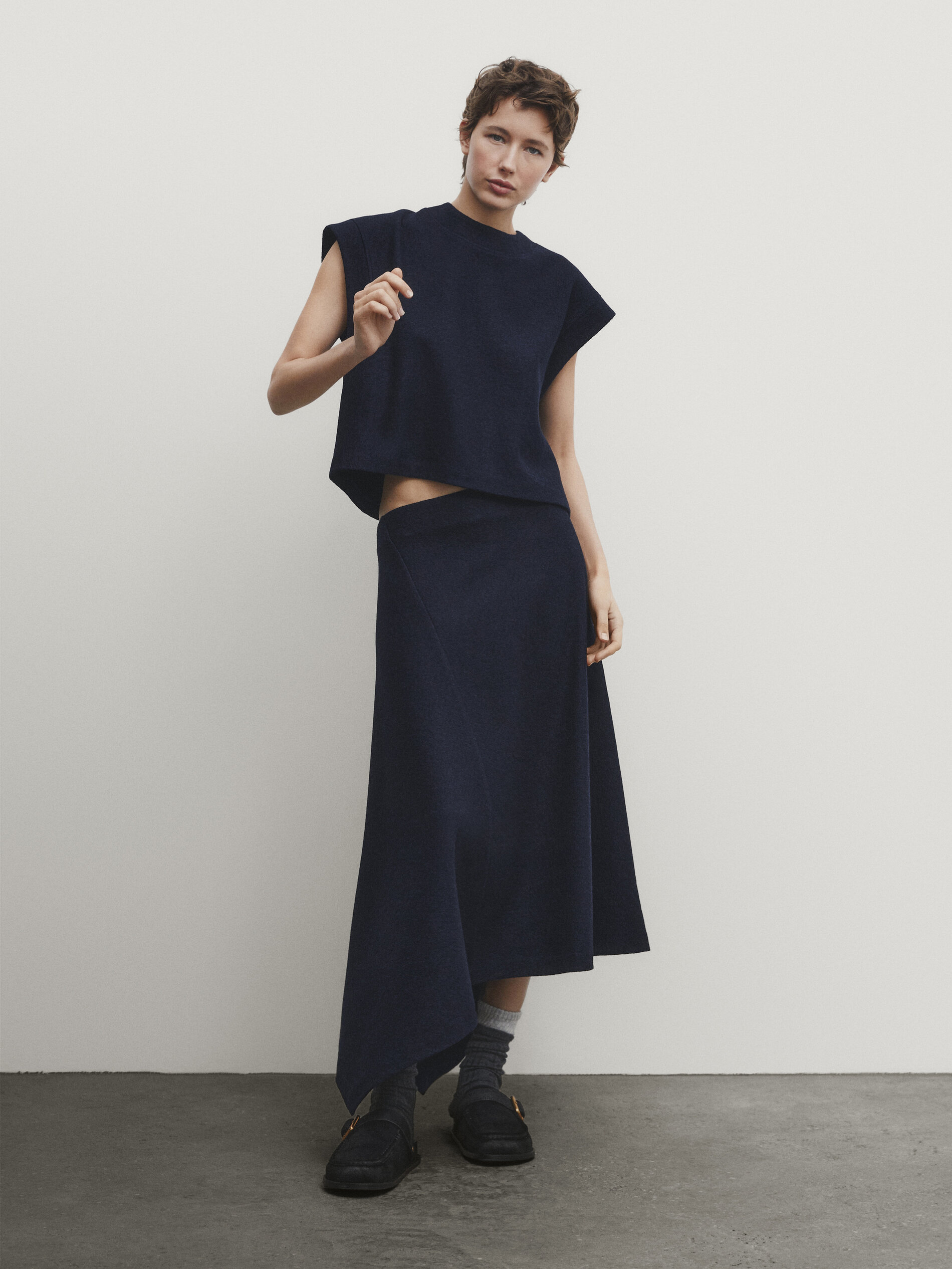 Felted wool-blend midi skirt with asymmetric hem · Navy Blue  