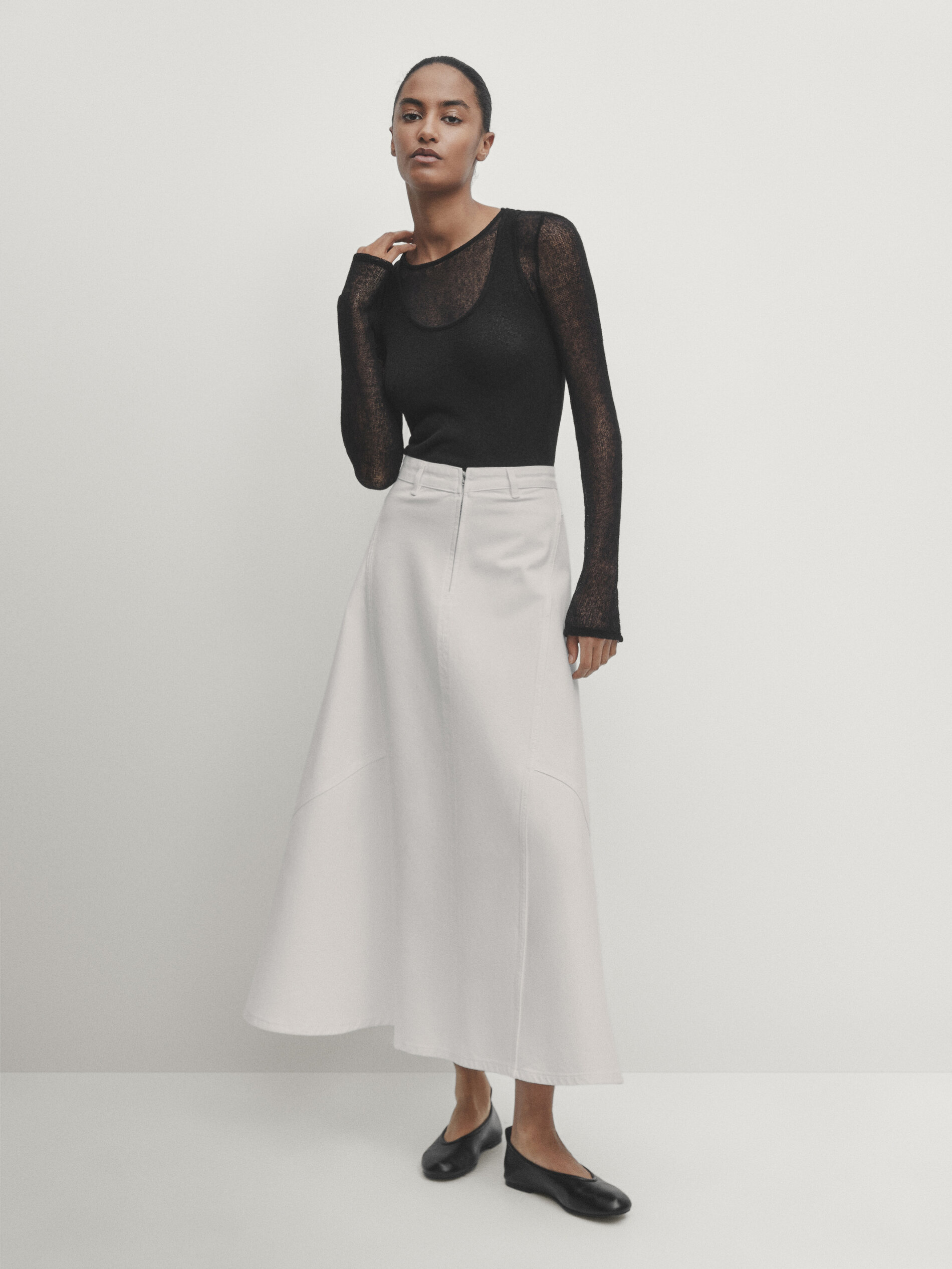 Cream denim midi store skirt