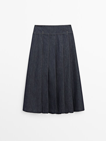 Denim flounce midi skirt with seams · Dark Blue · Smart / Skirts 