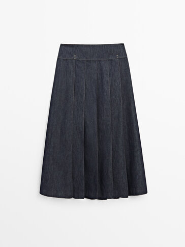 Denim flounce midi skirt with seams