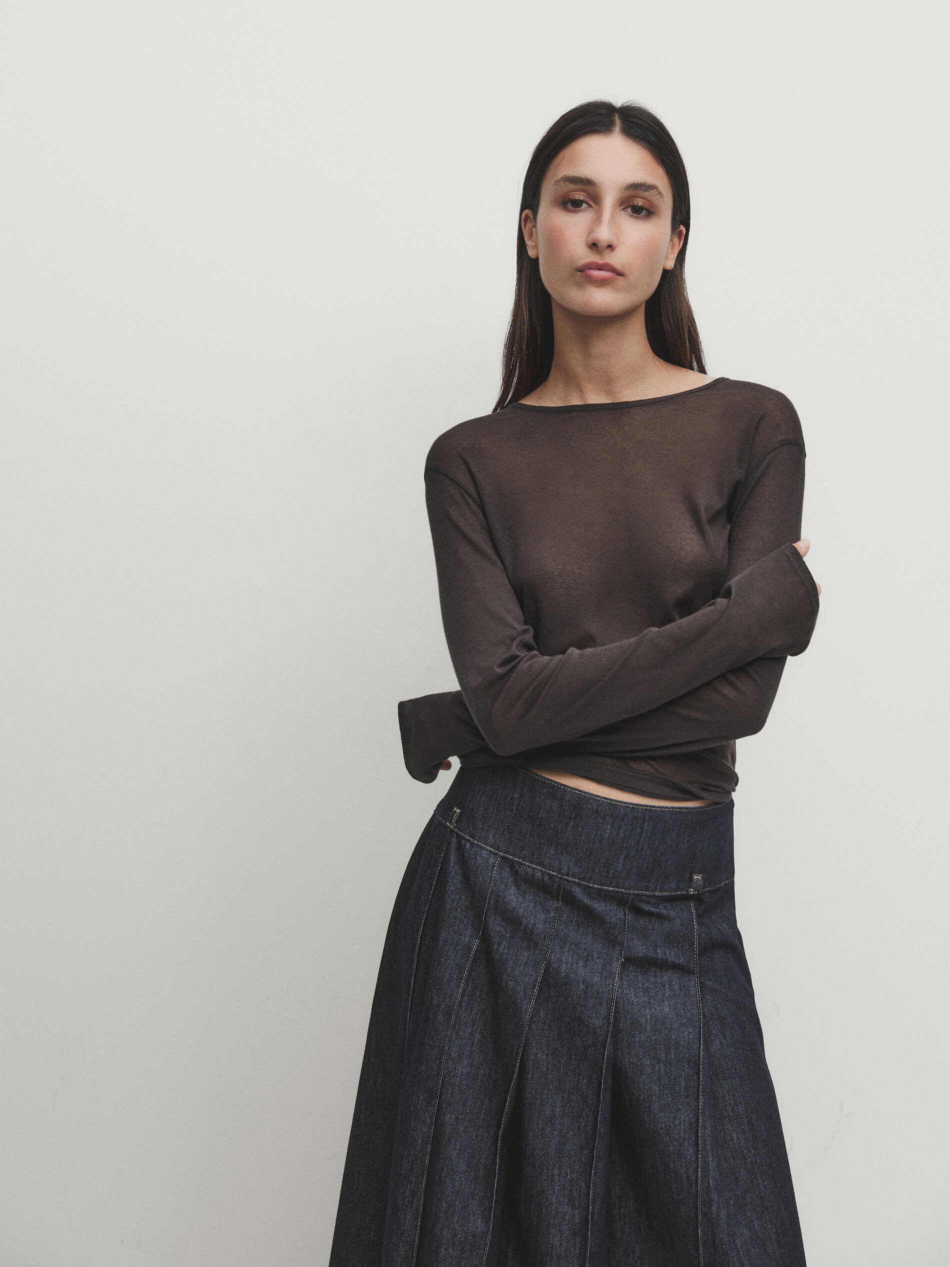 Massimo Dutti Denim Flounce Midi Skirt With Seams In Dunkelblau