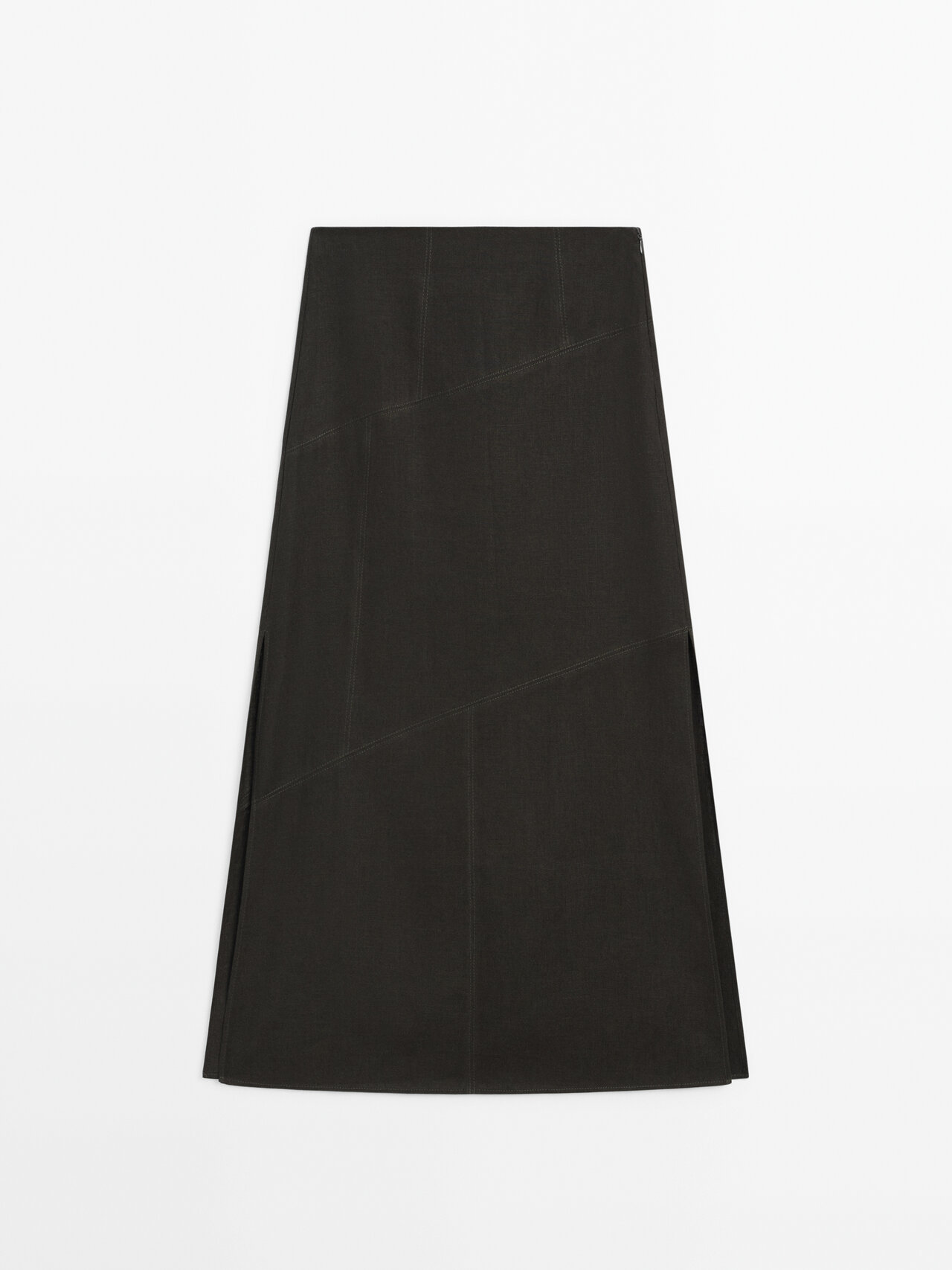 Shop Massimo Dutti Skirt With Topstitching And Slits In Bottle Green