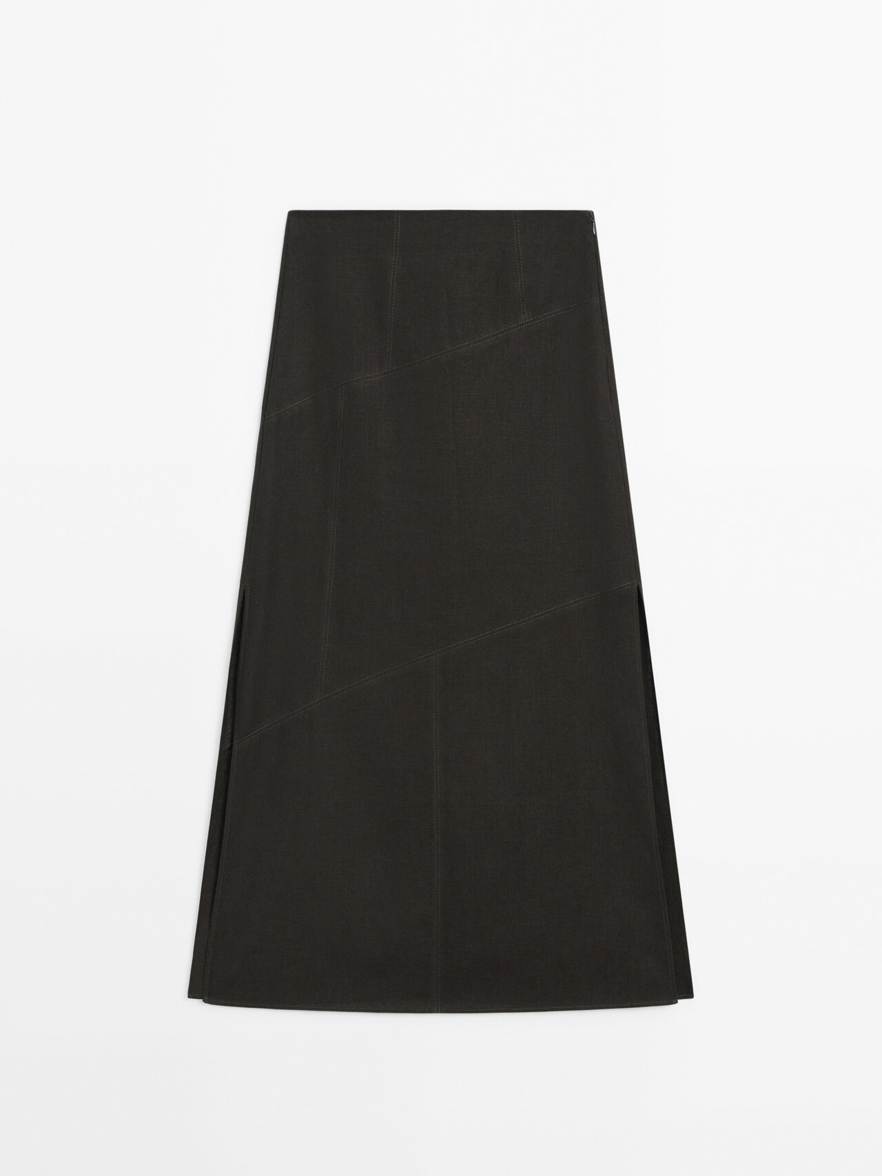 Massimo Dutti Skirt With Topstitching And Slits In Bottle Green