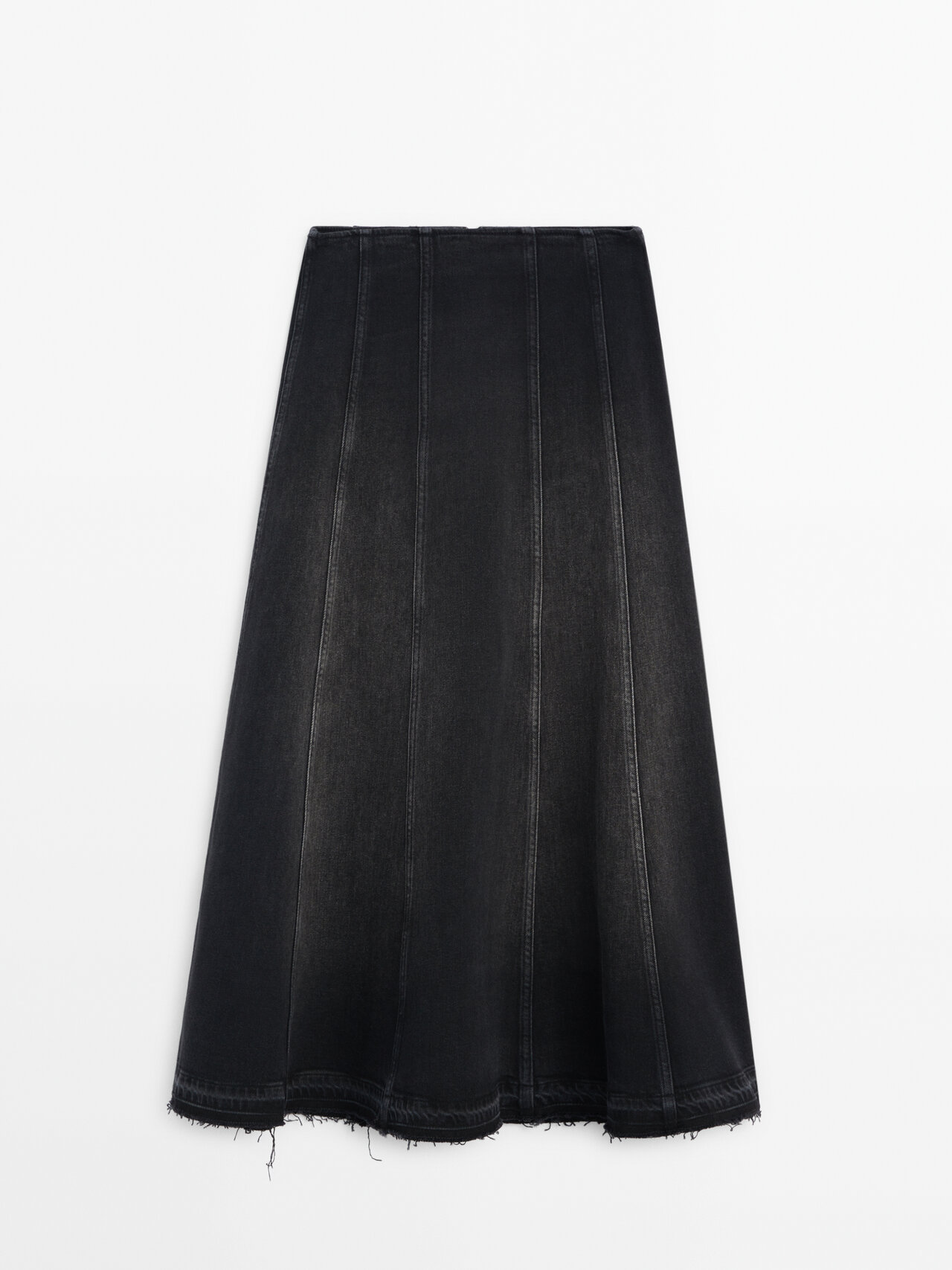 Massimo Dutti Denim Midi Skirt With Seams And Frayed Hem In Charcoal