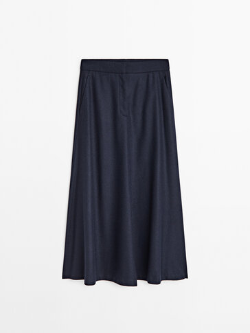 Navy blue wool blend flared midi skirt