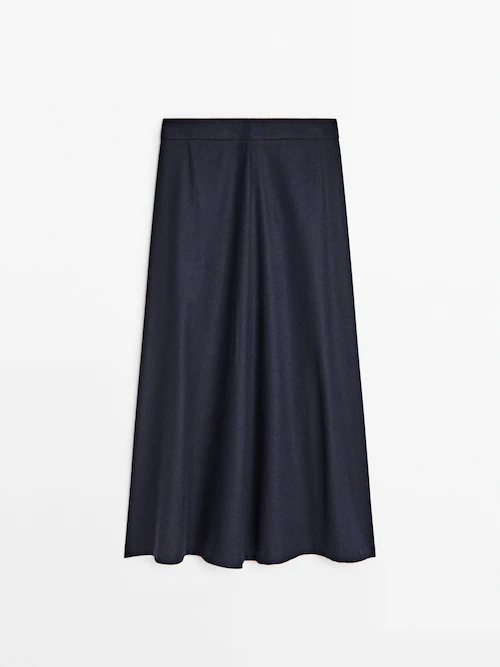 Navy blue wool blend flared midi skirt