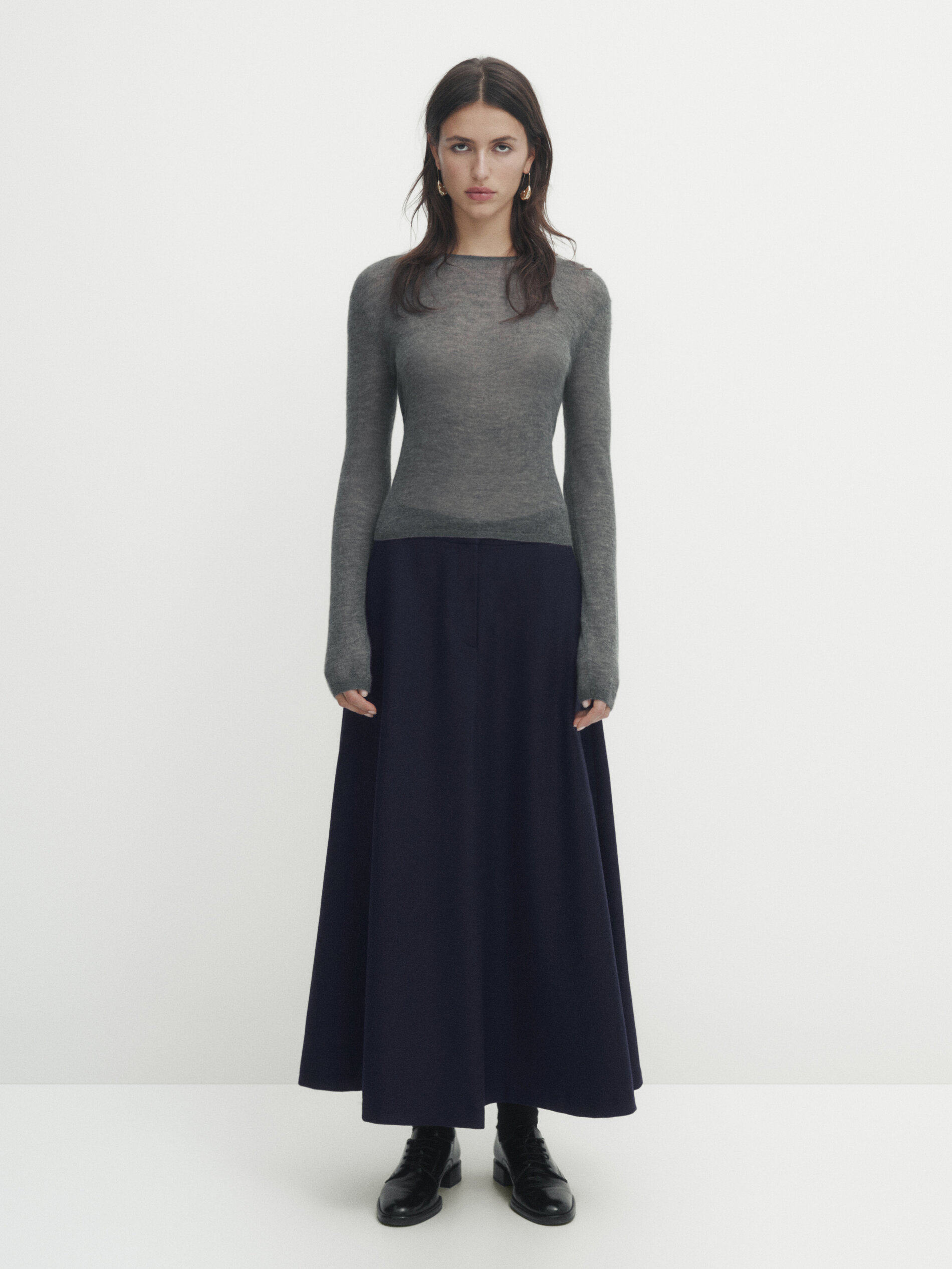 Navy blue wool blend flared midi skirt