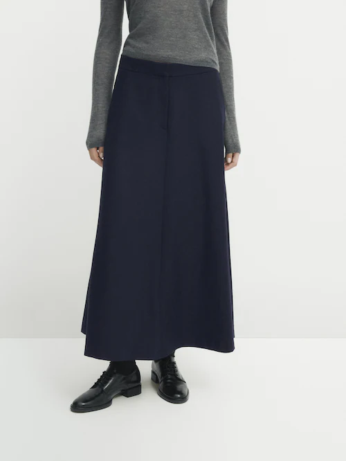 Navy blue wool blend flared midi skirt · Navy Blue · Smart