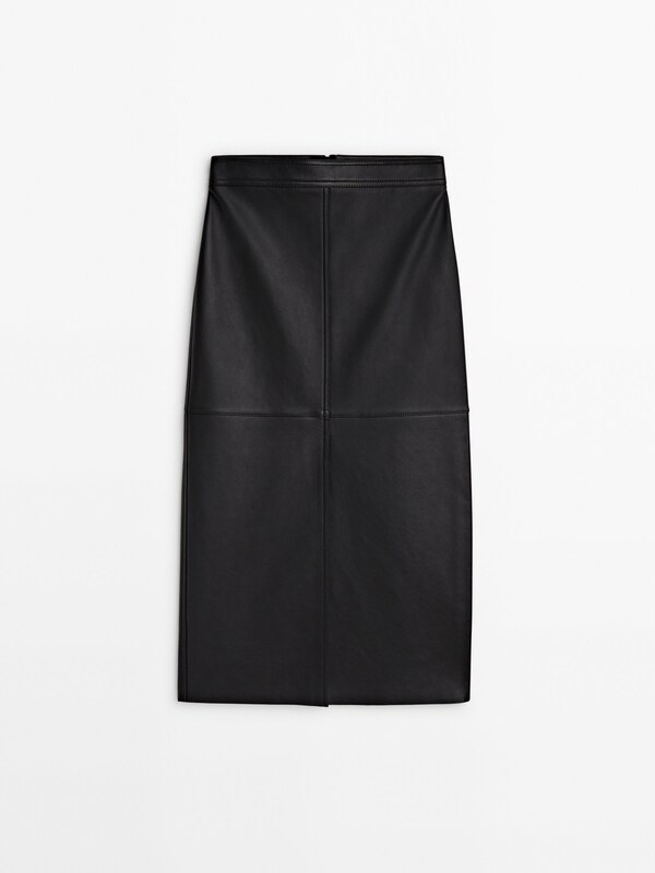 Black nappa leather midi skirt with slit · Black · Skirts | Massimo Dutti
