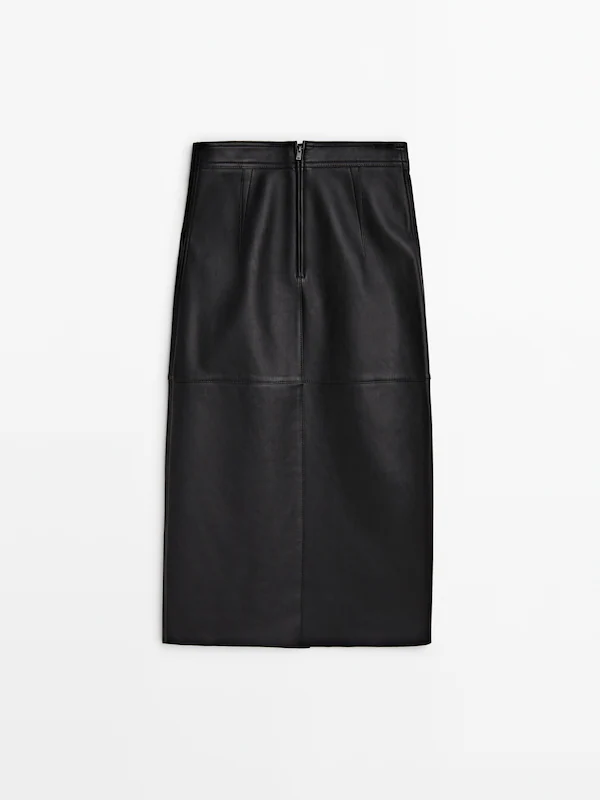 Black nappa leather midi skirt with slit · Black · Skirts | Massimo Dutti