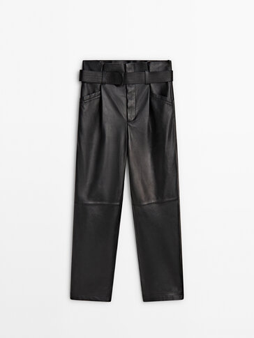 Black nappa leather paperbag trousers