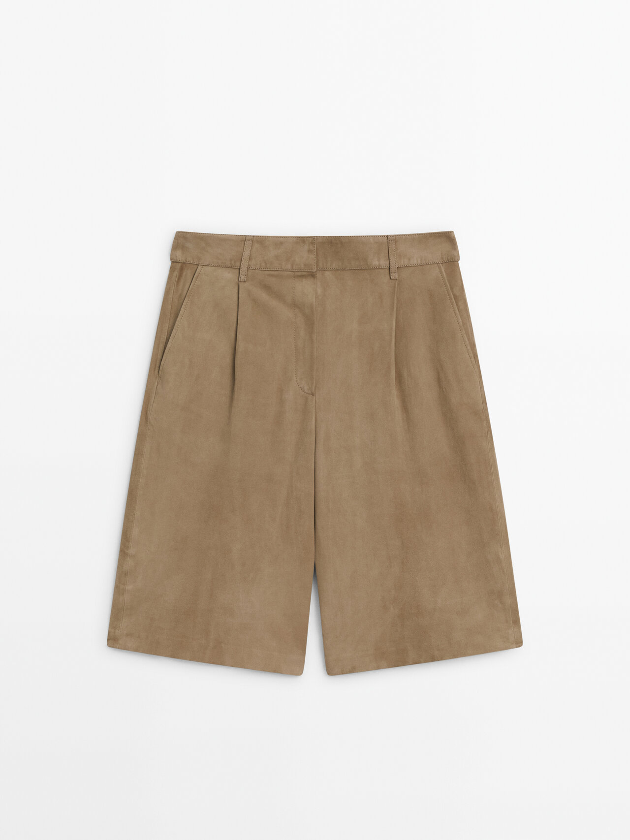 Massimo Dutti Suede Leather Bermuda Shorts In Sand