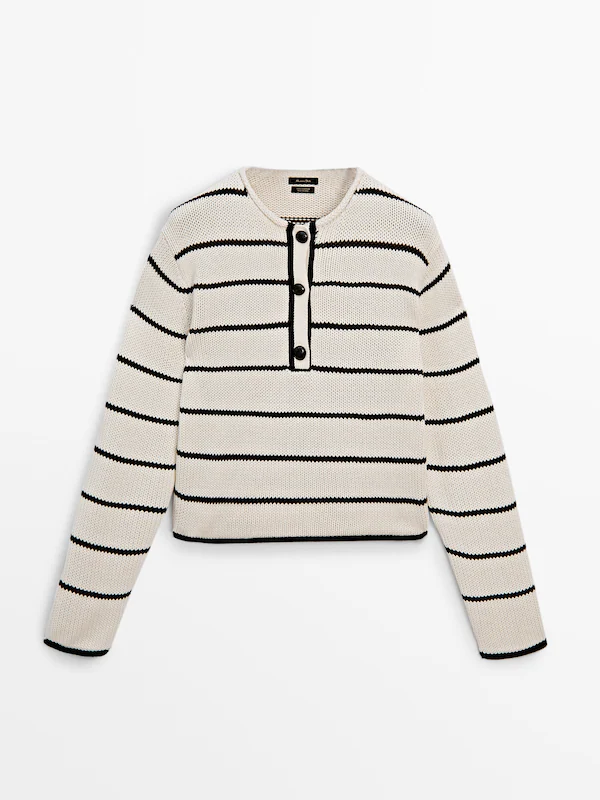 Henley neck striped knit sweater · Cream · Sweaters And Cardigans ...