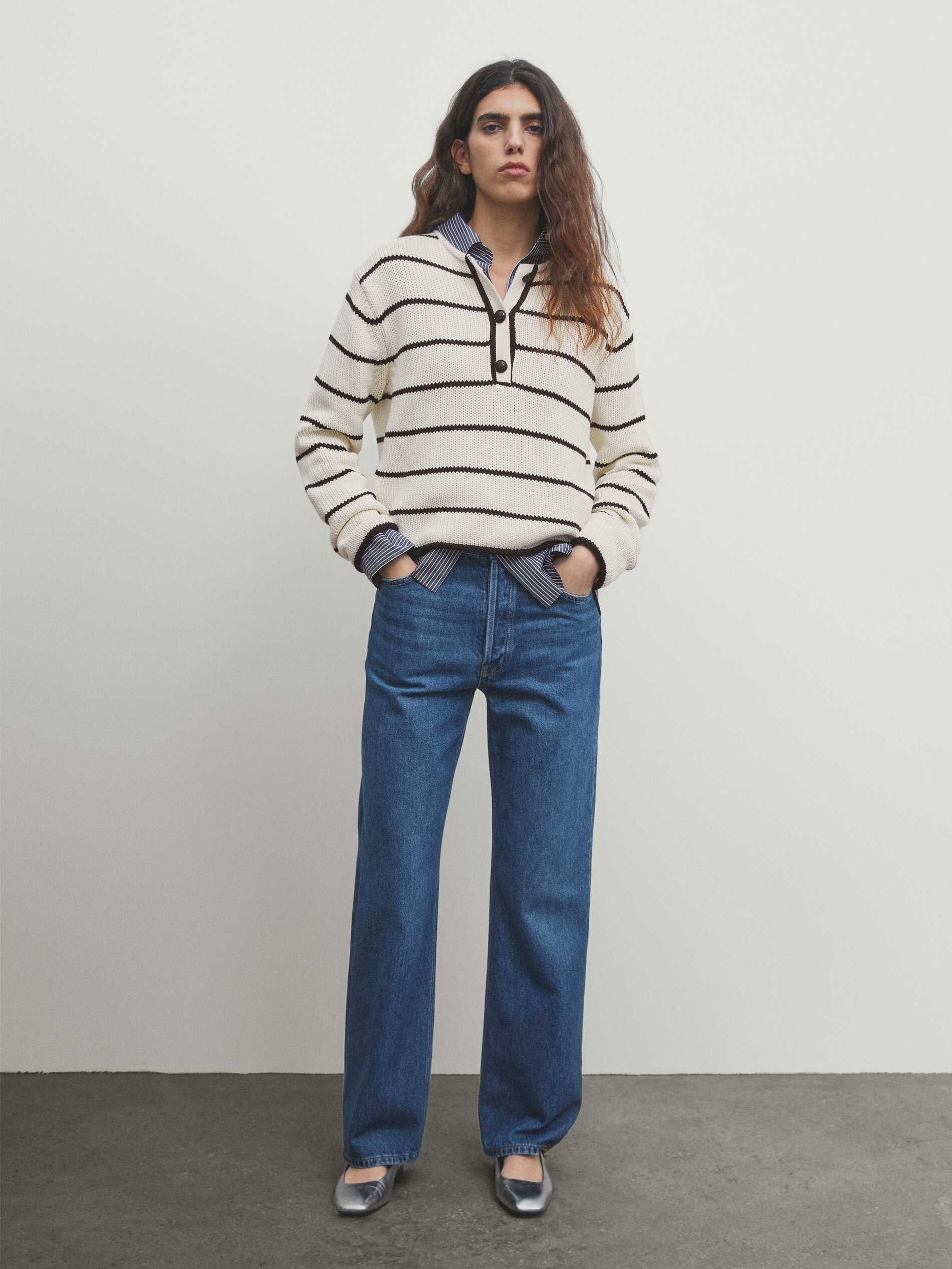 Henley neck striped knit sweater · Cream · Sweaters And Cardigans