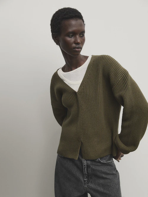 Purl knit V-neck sweater with front detail · Khaki · Sweaters And Cardigans
