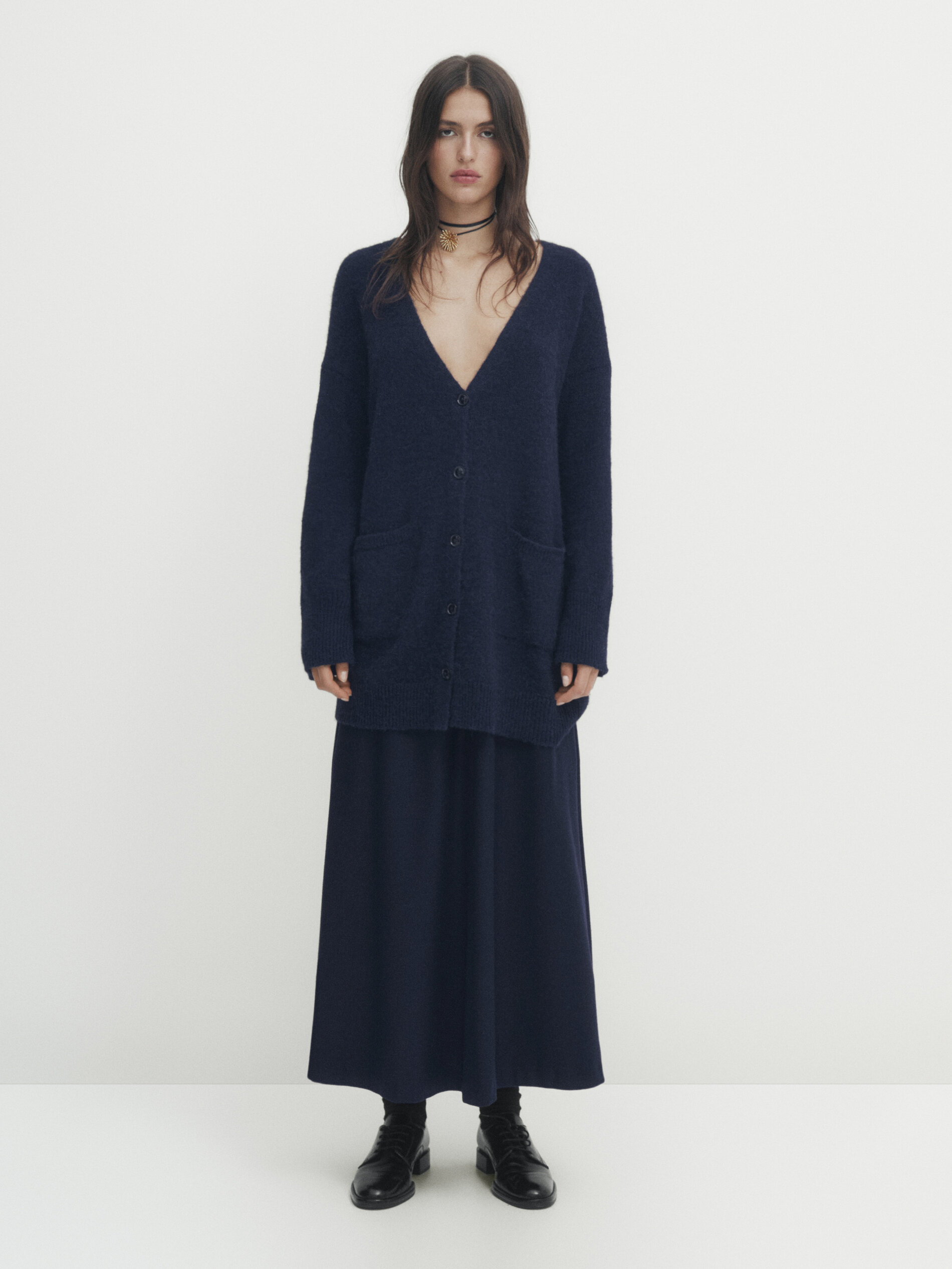 Massimo Dutti Long Buttoned Knit Cardigan In Dunkelblau